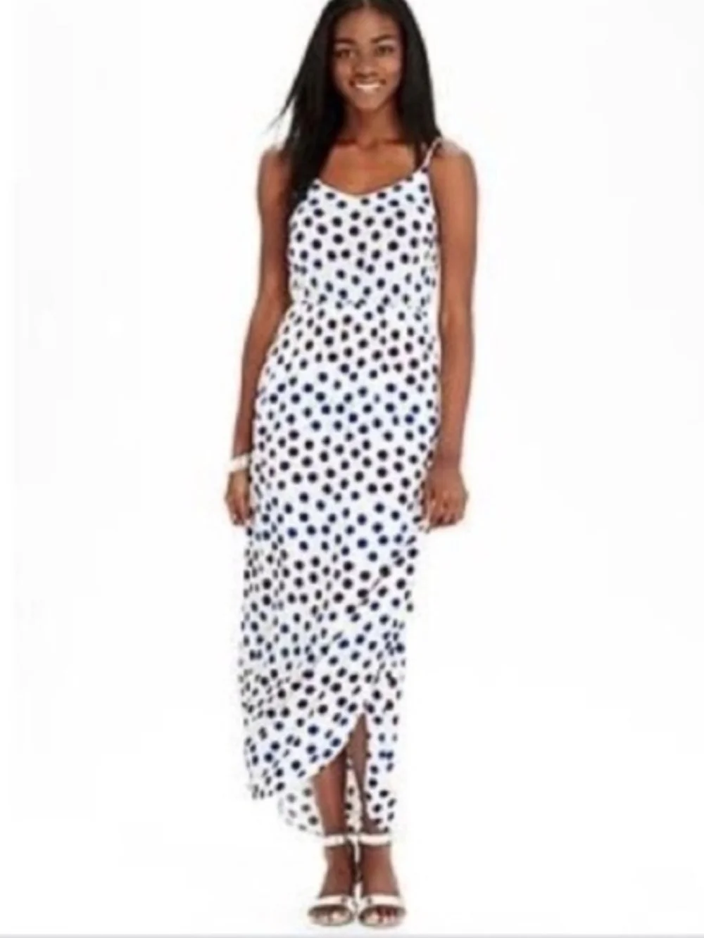 Old Navy White Maxi Dress Watercolor Style Blue Polka Dots Flowy Women XS - Picture 1 of 11